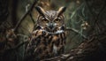 The great horned owl perching on a branch, staring evilly generated by AI