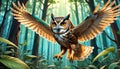 Great-horned owl raptor flight flying forest Royalty Free Stock Photo