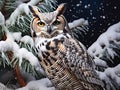 Great Horned Owl in Snow Covered Tree  Made With Generative AI illustration Royalty Free Stock Photo