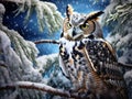 Great Horned Owl in Snow Covered Tree  Made With Generative AI illustration Royalty Free Stock Photo