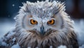 Great horned owl staring at camera in snowy forest generated by AI Royalty Free Stock Photo