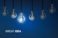 Great Idea , Creativity innovation illuminated light bulb row dim ones concept solution Royalty Free Stock Photo