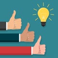 Great idea, Thumb up symbol, lightbulb flat style vector Royalty Free Stock Photo