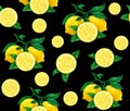 Great illustration of beautiful yellow lemon fruits on a black background. Water color drawing of lemon. Seamless pattern Royalty Free Stock Photo