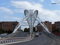 Great modern iron white bridge in the district Ostiense to Rome in Italy.