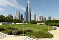 The Great Ivy Lawn at The Field Museum Park and Chicago skyscrapers at the backgroun. Royalty Free Stock Photo