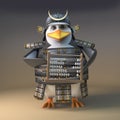 Great Japanese samurai penguin warrior uses his trusty abacus for all his sums, 3d illustration