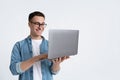 Great job concept. Guy holds laptop in hands Royalty Free Stock Photo