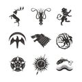 Great kingdoms houses gaming heraldic vector icons with line animals and throne symbols