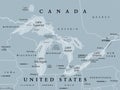 Great Lakes of North America, freshwater lakes, gray political map