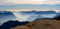 Great landscape at lake Iseo in winter season. Foggy and humidity in the air. Panorama from Monte Pora, Italian Alps, Italy Royalty Free Stock Photo