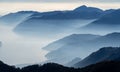 Great landscape at lake Iseo in winter season. Foggy and humidity in the air. Panorama from Monte Pora, Italian Alps, Italy Royalty Free Stock Photo