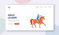Great Leader Landing Page Template. Businessman Riding Horse And Showing Direction. Business Competition And Leadership