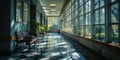 The long hallway inside the hospital with a tree and the bench on floor. AIGX03.