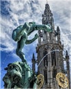 The Great Market Square in Antwerp, Belgium with the Cathedral, belfry, guildhouses and the statue of Brabo