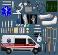 Great medical set. Wide variety of subjects, tools, medicines, ambulance, diagnostics and treatment. Realistic images. Vector illu