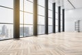 Great megapolis city skyscrapers view from huge window in empty business center hall with wooden parquet and light wall. 3D Royalty Free Stock Photo