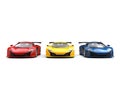 Great modern sports supercars in red, blue and yellow