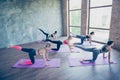 Great morning. Five young sport women are stretching in modern studio on purple mats. Freedom, calmness, harmony and relax, women