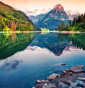 Great morning view of the Obersee lake. Colorful summer sinrise in the Swiss Alps, Nafels village location, Switzerland, Europe.