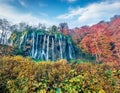 Great morning view of pure water waterfall in Plitvice National Park. Superb autumn scene of Croatia, Europe. Beauty of nature Royalty Free Stock Photo