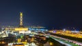 The great mosque of Algiers and the Martyr's Memorial monument Maqam El Chahid by night.