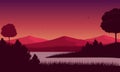 Great mountain panorama with pine trees and lake at sunset from the edge of the city Royalty Free Stock Photo