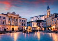 Great night view of Tartini Square in old town Piran. Splendid spring sunset in Slovenia, Europe. Traveling concept background. Royalty Free Stock Photo