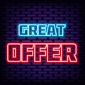 Great Offer Badge in neon style. Bright signboard. Light art.