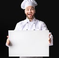 Excited Cook Guy Holding White Board Standing Over Black Background