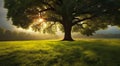 The Great Outdoors: Grass, Large Trees, and the Sun Royalty Free Stock Photo