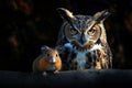 Great Owl and Vole A Powerful Portrait of Predator and Prey Against a Black Background Royalty Free Stock Photo