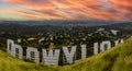 Great panoramic view of Los Angeles from the back of the Hollywood sign in a beautiful sunrise or sunset, in the city of LA in