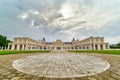 Great panoramic view of the main faÃÂ§ade of the Aranjuez palace on a cloudy day at dawn. Madrid