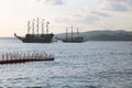 Great pirat ship in sea, Turkey. Sunset and old ship. Royalty Free Stock Photo