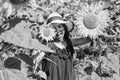 Great plants. yellow flower of sunflower. happy childhood. beautiful girl wear straw summer hat in field. pretty kid Royalty Free Stock Photo