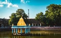 The Great Pond of Varadharaja Perumal Temple & Lord Atthi Varadar Perumal god statue inside the pond, Kanchipuram, Tamil Nadu