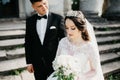 Great portrait of a wedding couple near the old castle