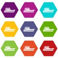 Great powerboat icon set color hexahedron