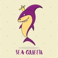 Great purple cartoon shark princess or queen with crown smiling. For kids book, menu restaurant, cafe, menu seafood