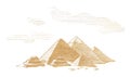 Great Pyramids of Egypt, Graphic linear tonal drawing by sepia, toned paper.