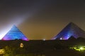 Great Pyramid of Giza illuminated at night, UNESCO World Heritage site, Cairo, Egypt.