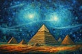 The Great Pyramids of Giza, Egypt. Digital painting, Pyramids in the desert at night time. Starry sky, milky way. Abstract picture Royalty Free Stock Photo