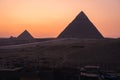 Great Pyramids of Giza on top of Giza plateau in a beautiful evening sunset, Giza, Cairo, Lower Egypt