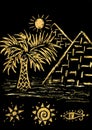 The great pyramids and palm tree. Cairo, Egypt, Africa. Doodle hand drawn illustration. Travel concept. Black background.