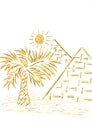 The great pyramids, palm tree and sun. Cairo, Egypt, Africa. Doodle hand drawn illustration. Travel concept. White background Royalty Free Stock Photo