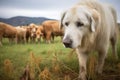 great pyrenees amidst grazing goats on a hillside