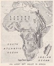 Vintage map of The Great Rift Valley in Africa 1930s.
