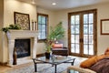 Great Room with Fireplace and French Doors Royalty Free Stock Photo