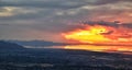 Great Salt Lake Sunset Aerial view from airplane in Wasatch Rocky Mountain Range, sweeping cloudscape and landscape Utah Royalty Free Stock Photo